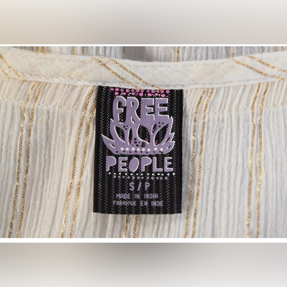 Free People Vintage Ivory Short Sleeve Beaded Wide Neck Blouse (Size S) - Picture 5 of 12